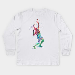 Tennis Boy Player Colorful Watercolor Tennis Serve Sports Gifts Kids Long Sleeve T-Shirt